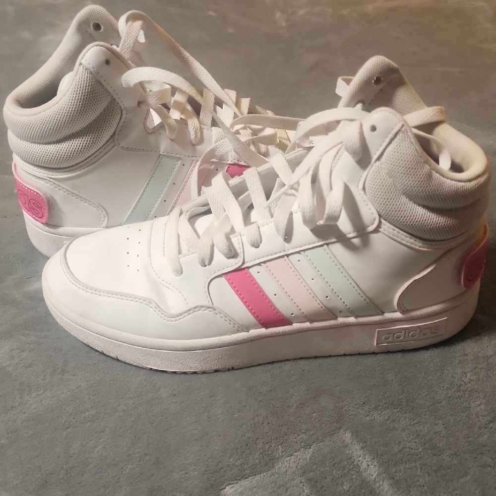 Adidas White High-Tops with Pink and Mint Accents